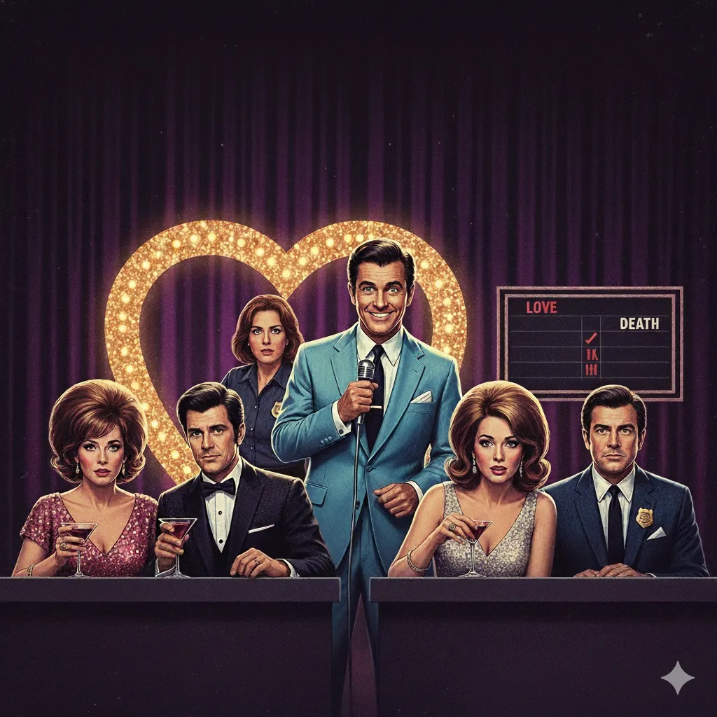 AI photo of The Newlywed Mystery Dinner contestants on the TV set with the host. 